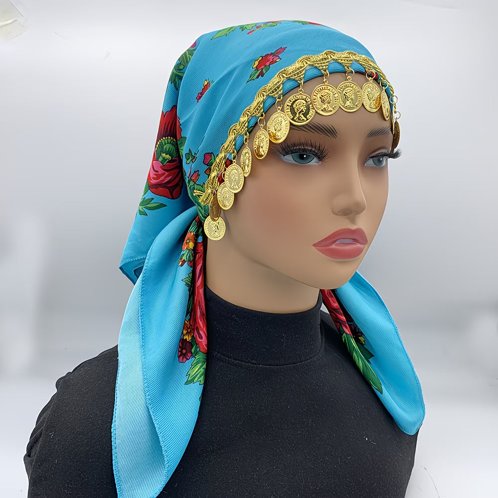 LuxeChain™ Ethnic Print Headscarf | Golden Chain Triangle Headwrap for Women