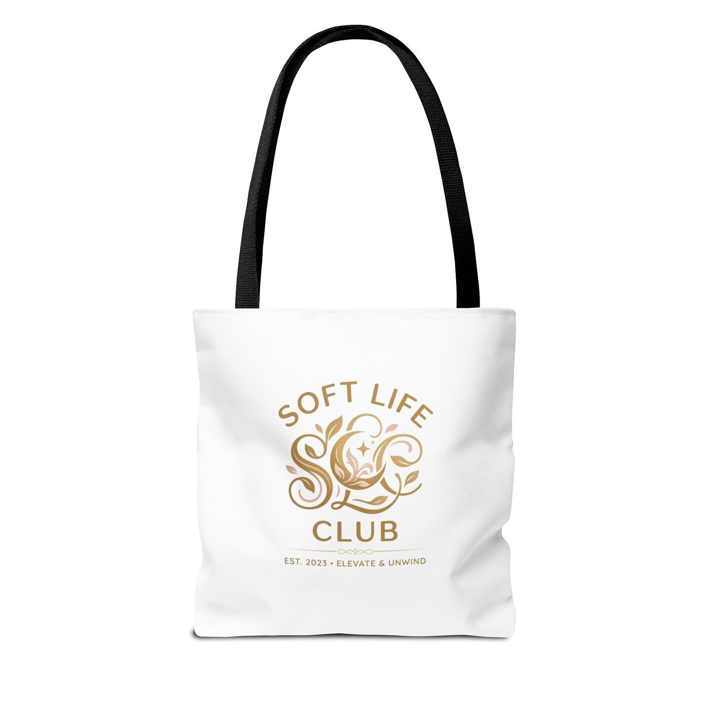Soft Life Club Tote Bag — Chic Gold Logo AOP Tote for Everyday Carry