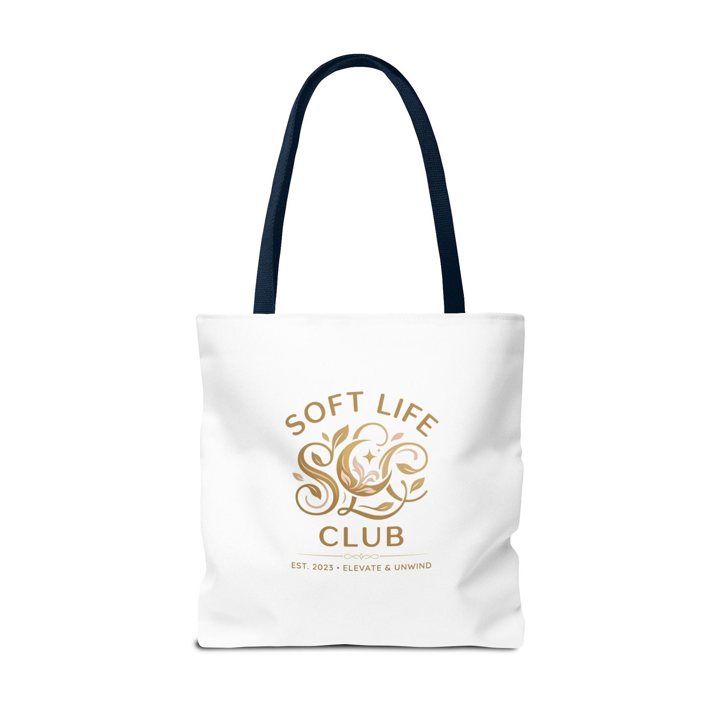 Soft Life Club Tote Bag — Chic Gold Logo AOP Tote for Everyday Carry