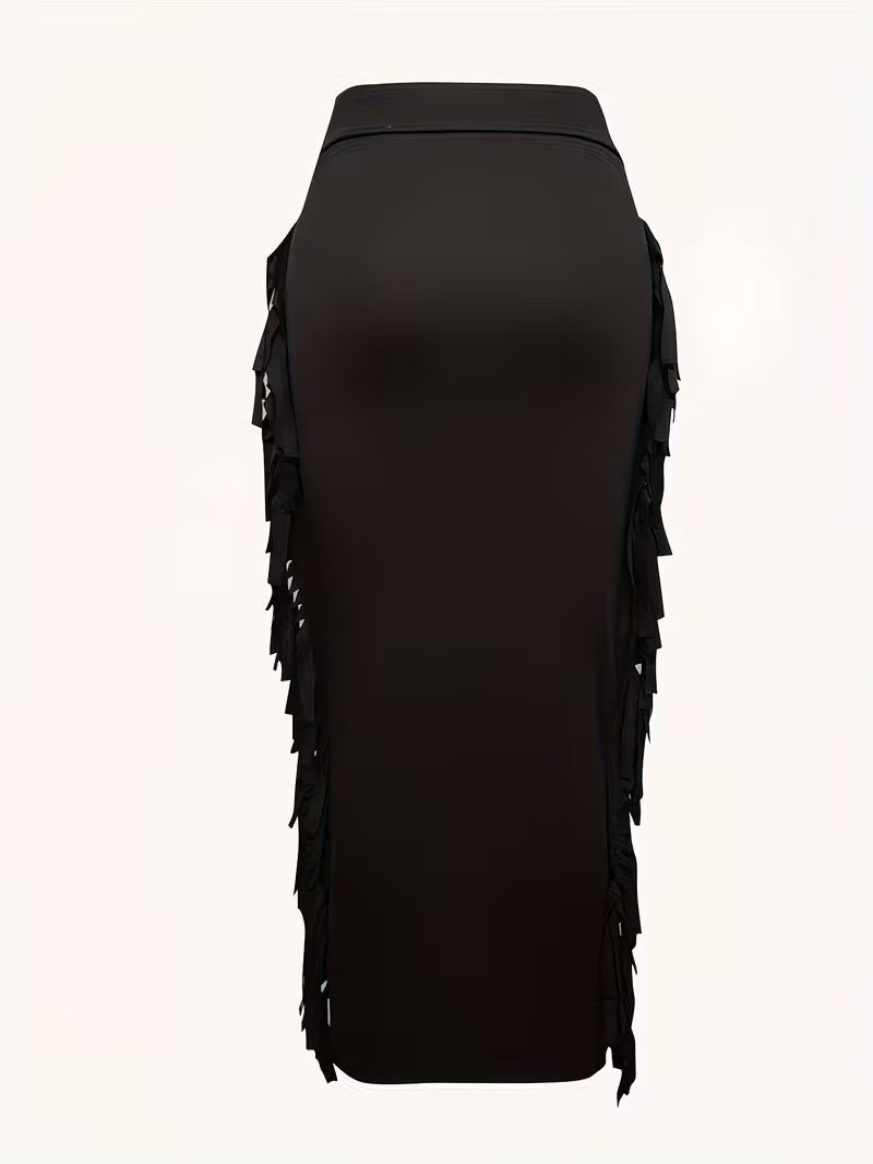 Women's High Waist Fringe Midi Skirt | Elegant Tassel Western Boho Fashion Skirt