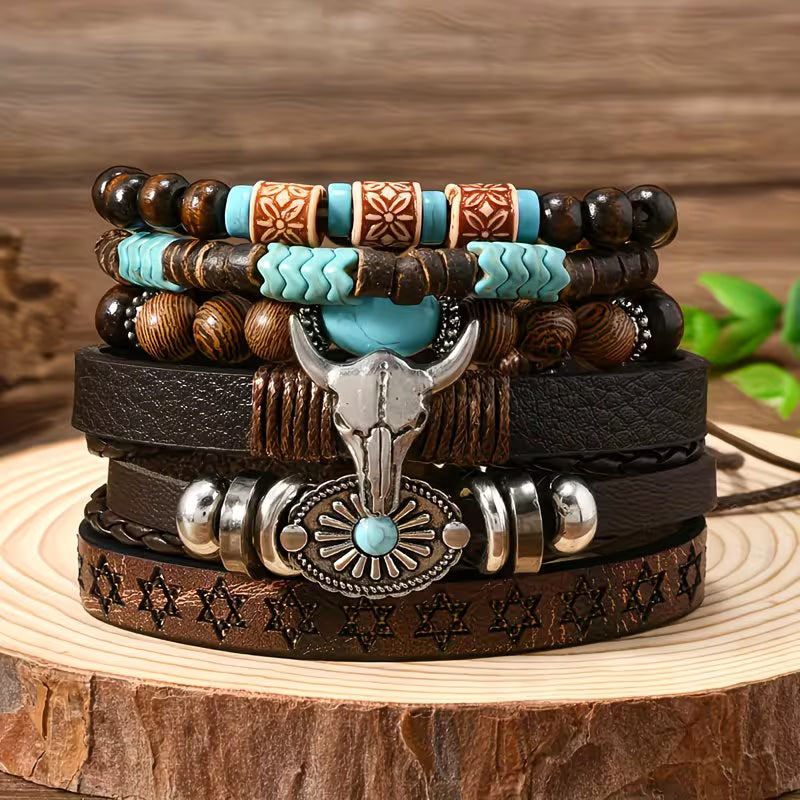 6-Piece Men's Western Bracelet Set | Bull Skull, Wings & Wooden Bead Vintage Boho Bracelets