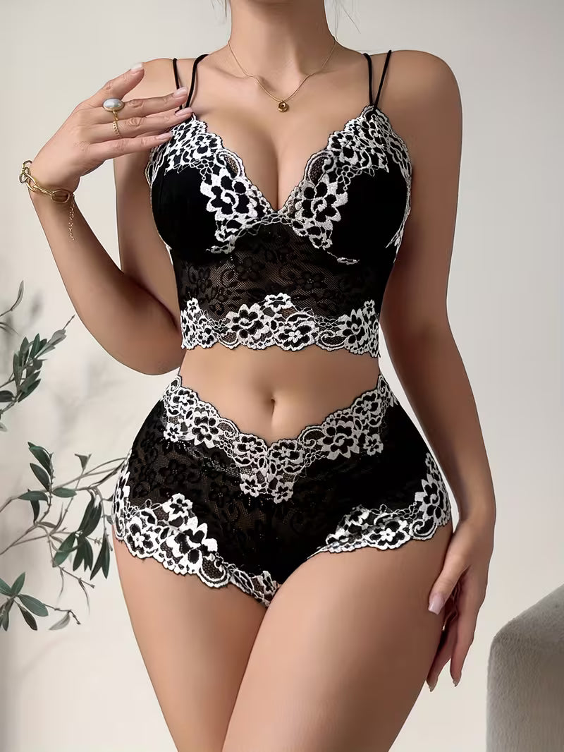 LaceBloom™ Floral Lace Bralette Set | V-Neck Halter Bralette & Matching Briefs for Women