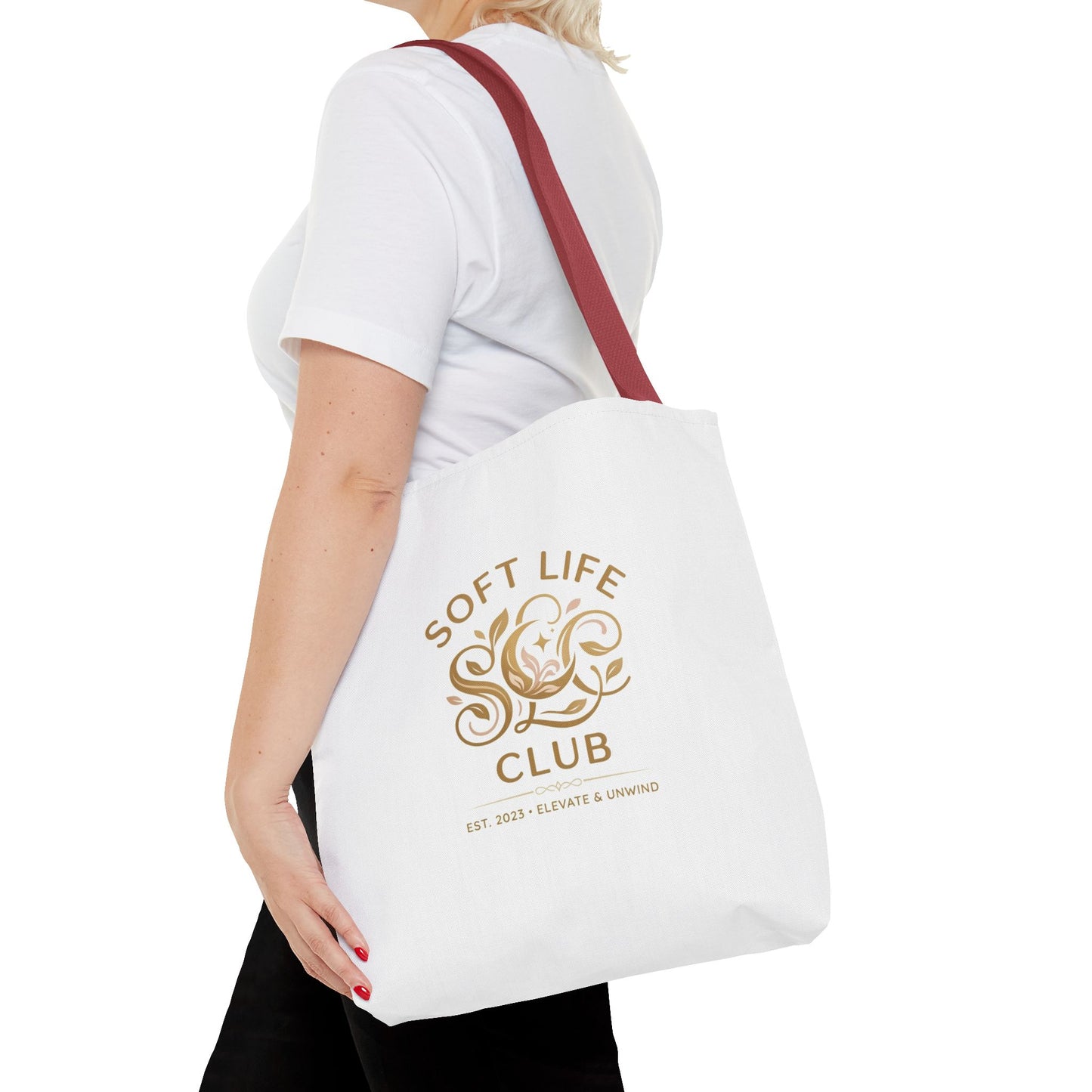 Soft Life Club Tote Bag — Chic Gold Logo AOP Tote for Everyday Carry