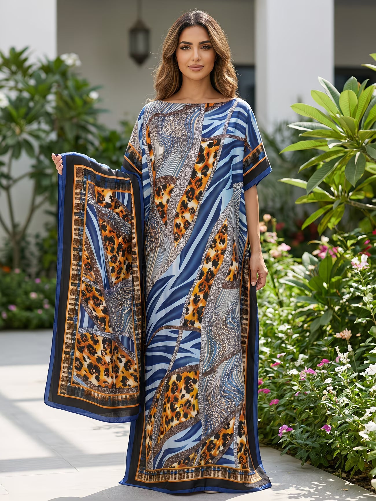 Elegant Plus Size Kaftan Abaya Set with Scarf | Artistic Print Modest Dress for Everyday Modern Style