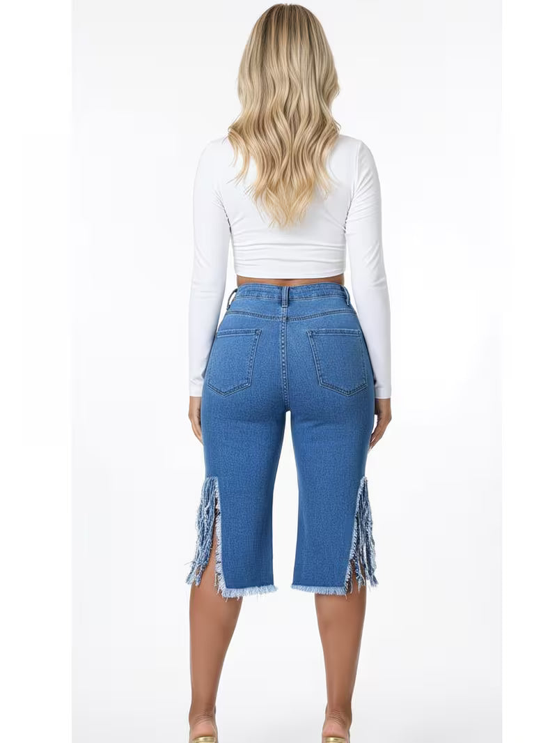 Women's High Waist Ripped Denim Capri Pants | Distressed Fringe Side Slit Cropped Jeans