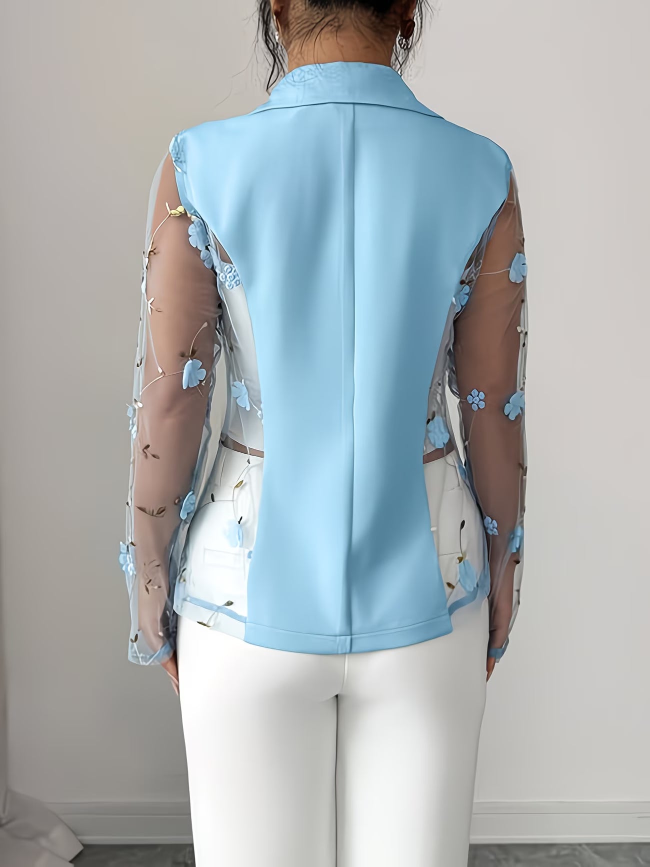 LuxeBloom™ Light Blue Sheer Blazer | 3D Floral Lace Elegant Spring & Summer Jacket for Women