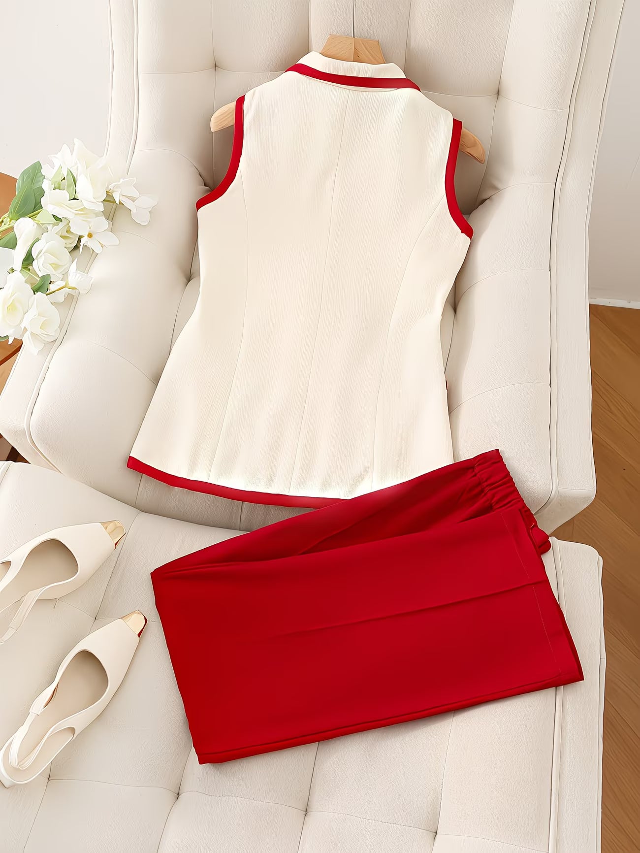 ExecutiveLuxe™ 2-Piece Skirt Suit Set | Contrast Collar Blazer & Pencil Skirt Ensemble for Women