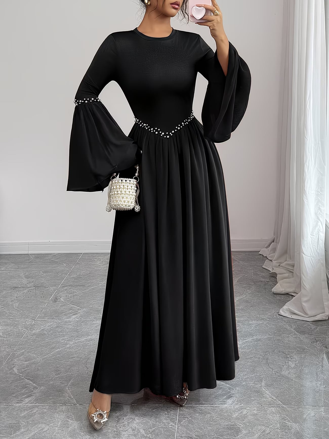 PearlElegance™ A-Line Dress | Long Sleeve Waist-Cinching Dress with Pearl Round Neck for Women