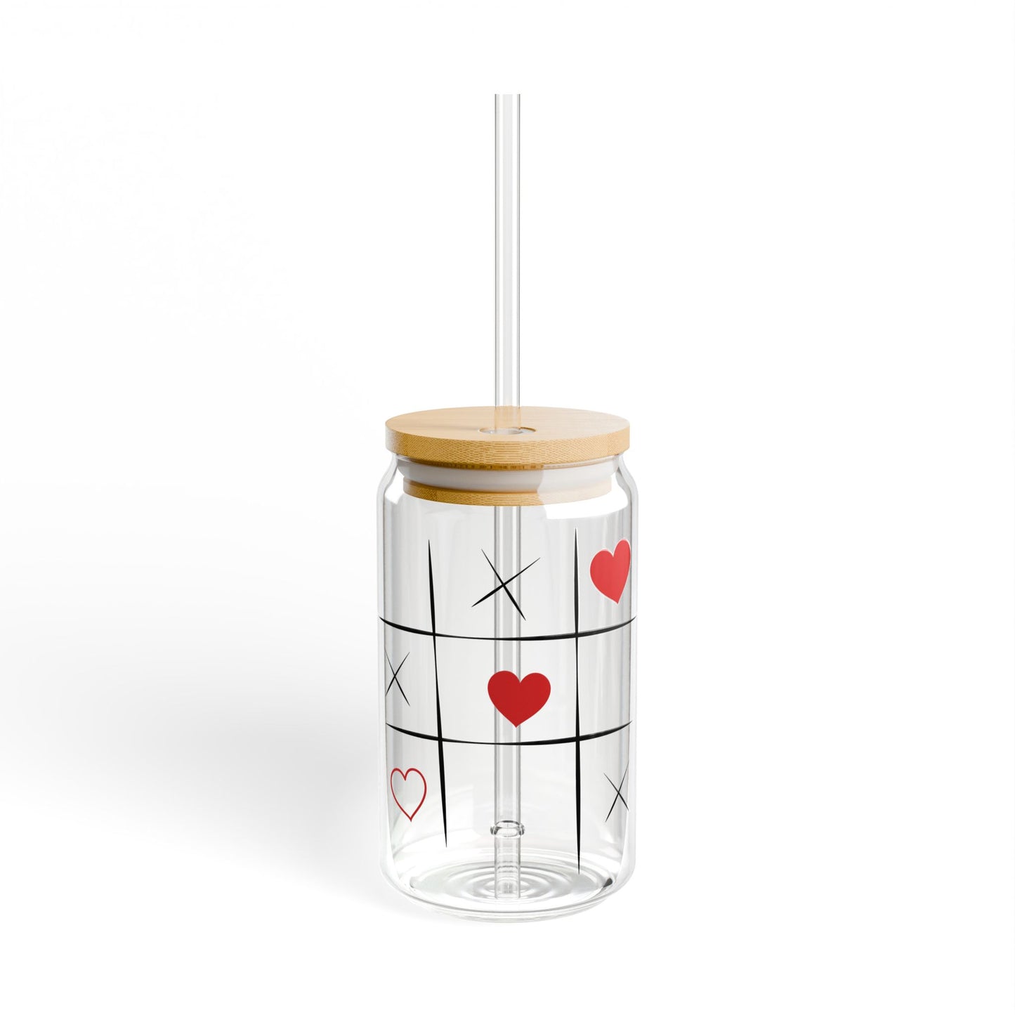 Tic Tac Heart Sipper Glass – 16oz Glass Jar with Bamboo Lid & Straw