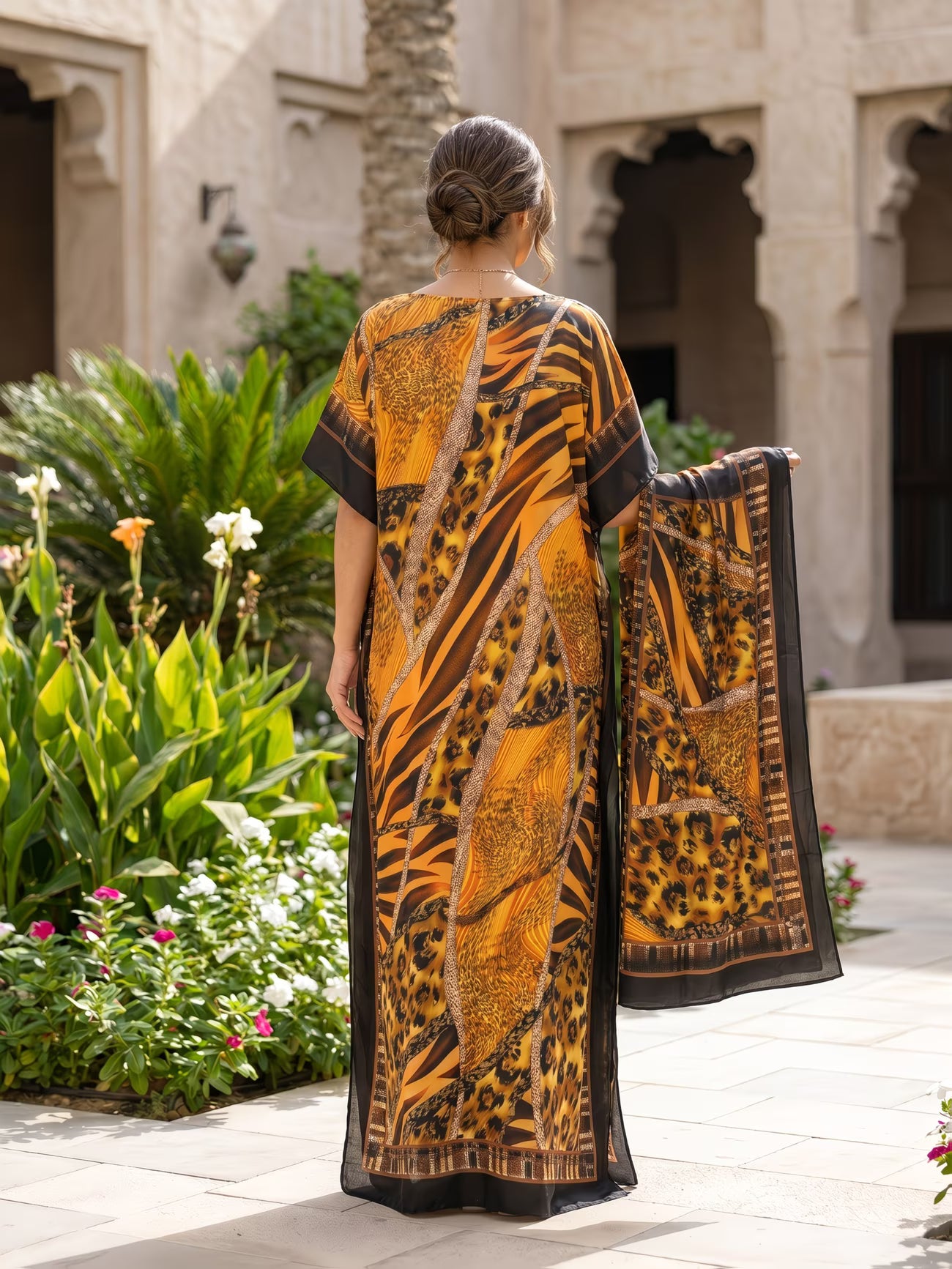 Elegant Plus Size Kaftan Abaya Set with Scarf | Artistic Print Modest Dress for Everyday Modern Style