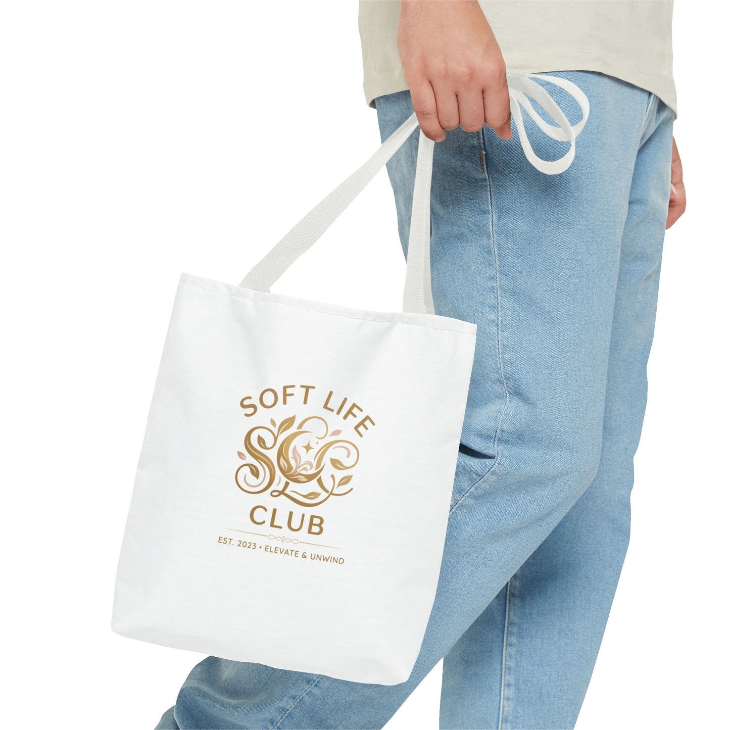 Soft Life Club Tote Bag — Chic Gold Logo AOP Tote for Everyday Carry