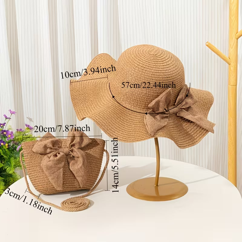 Women's 2-Piece Bohemian Beach Set | Straw Sun Hat & Matching Bow Tote Bag
