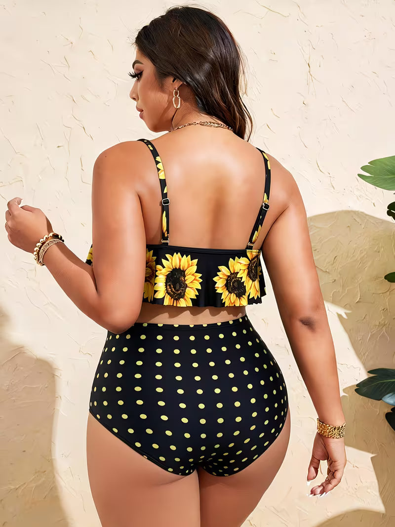 Women's Plus Size Sunflower Bikini Set | 2-Piece High-Waist Off-Shoulder Swimsuit