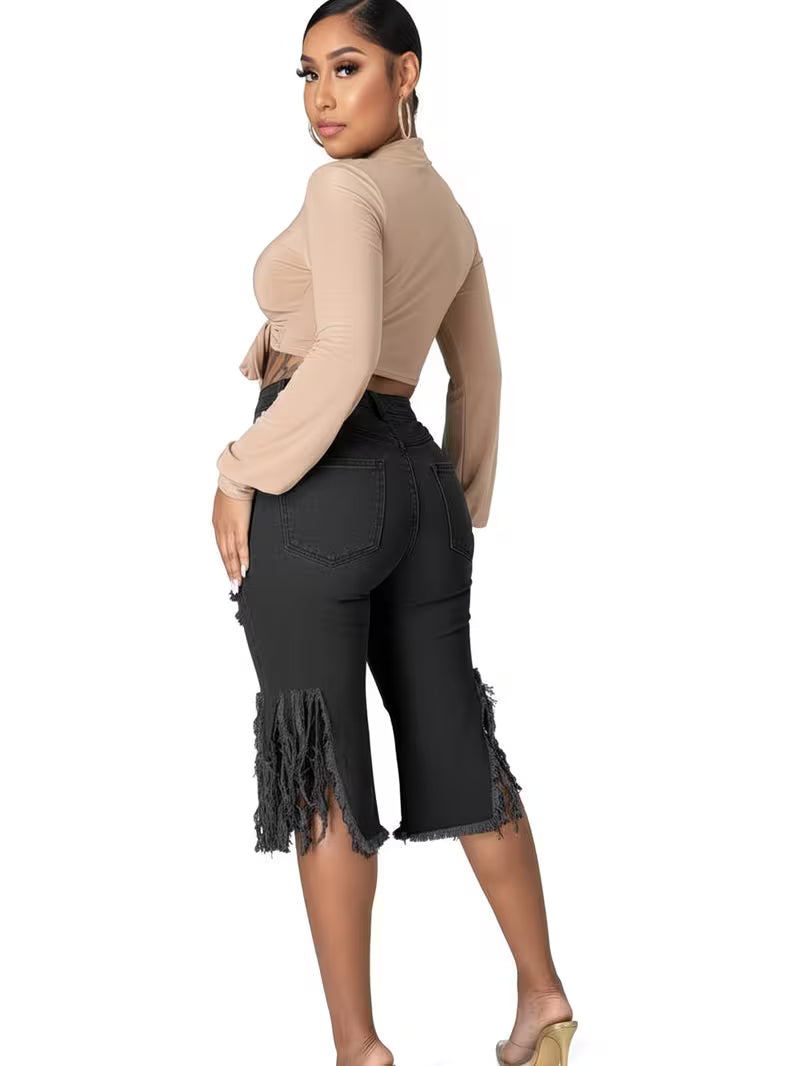Women's High Waist Ripped Denim Capri Pants | Distressed Fringe Side Slit Cropped Jeans