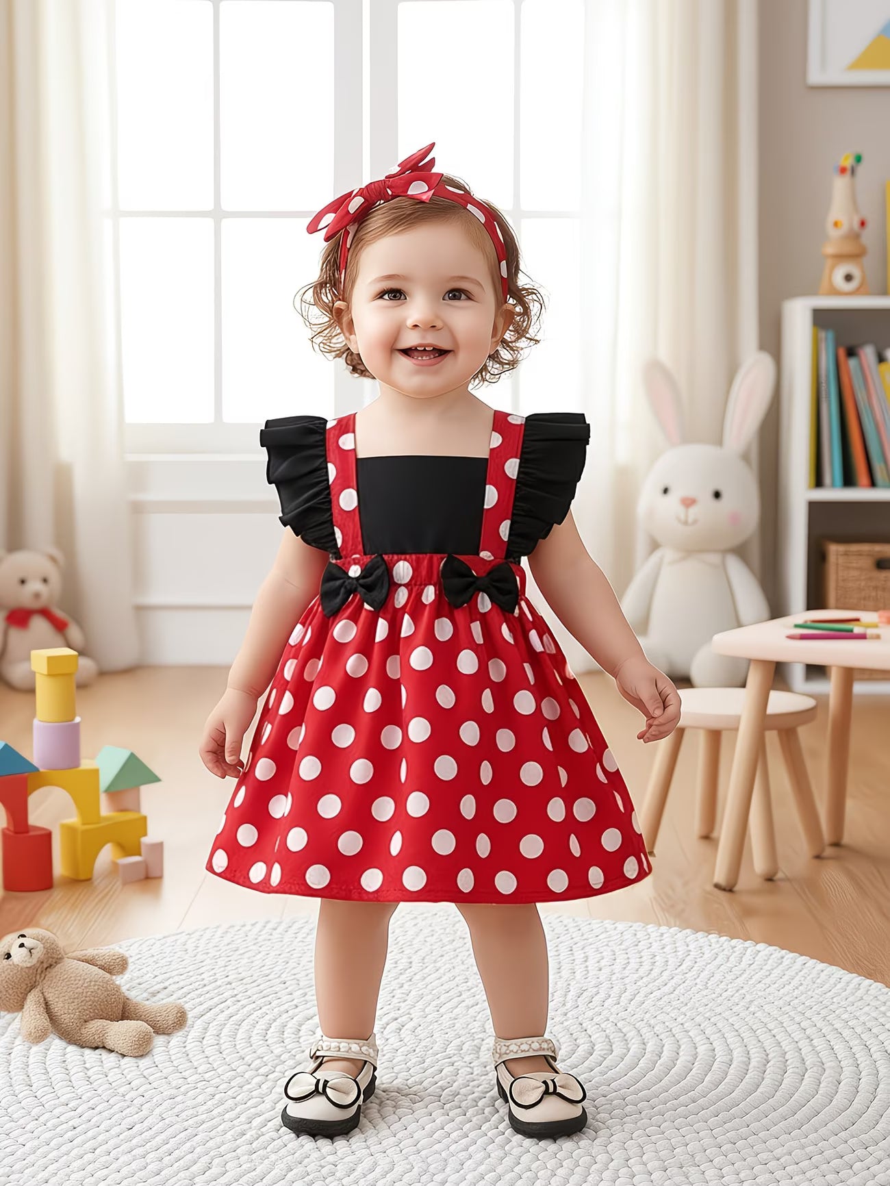SweetDot™ Baby Girls Polka Dot Puff Dress Set | Puff Sleeve Dress with 3D Bow & Headband