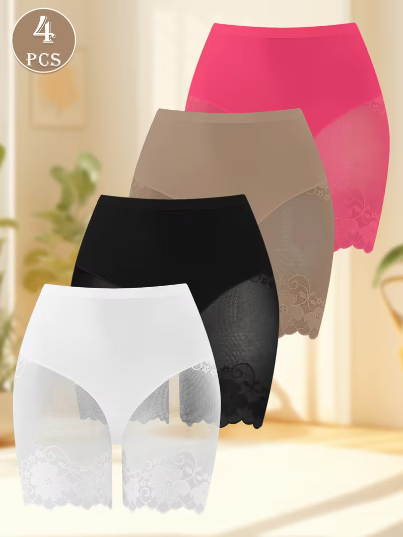 CurveSculpt™ 4-Pack Tummy Control Cheeky Briefs | Lace Trim Butt-Lifting Mid-Rise Panties for Women