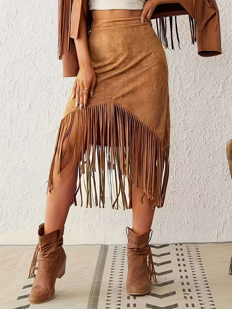 Plus Size Bohemian Fringe Dress | High Waist Asymmetrical Midi Dress with Flowing Tassel Details