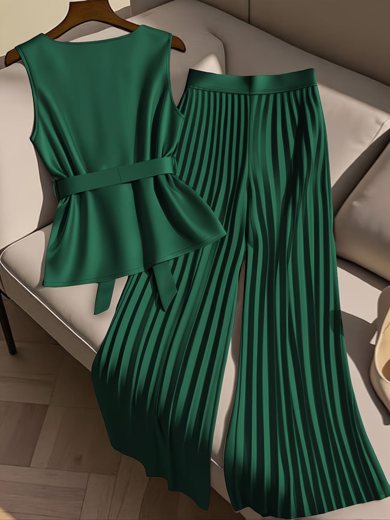 CurveElegance™ Plus Size 2-Piece Pant Set | Sleeveless Bow Top & High-Waist Chiffon Wide-Leg Pants for Women