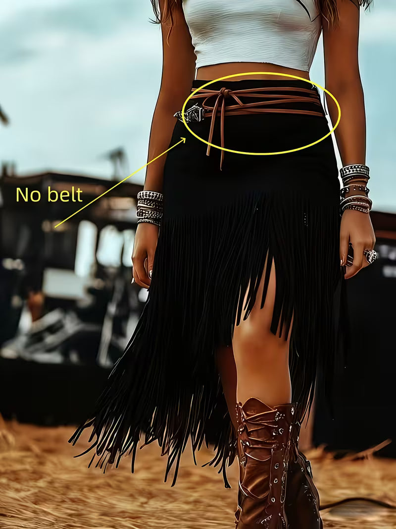 Women's Bohemian Western Fringe Skirt | High Waist Tassel Cowgirl Midi Skirt (Belt Not Included)