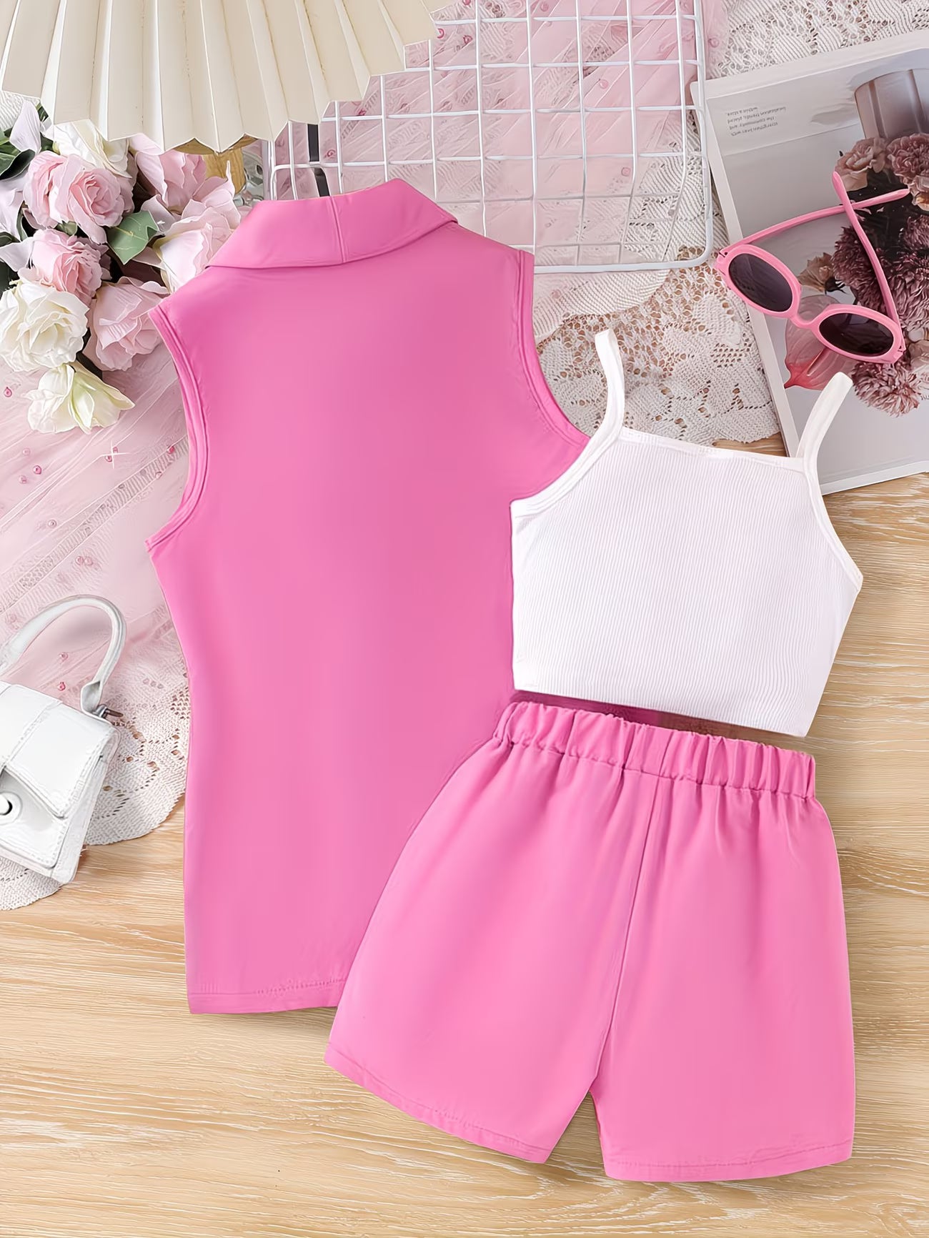 Girls’ Summer 3-Piece Casual Set | Shorts, Tank Top & Sleeveless Layer Outfit