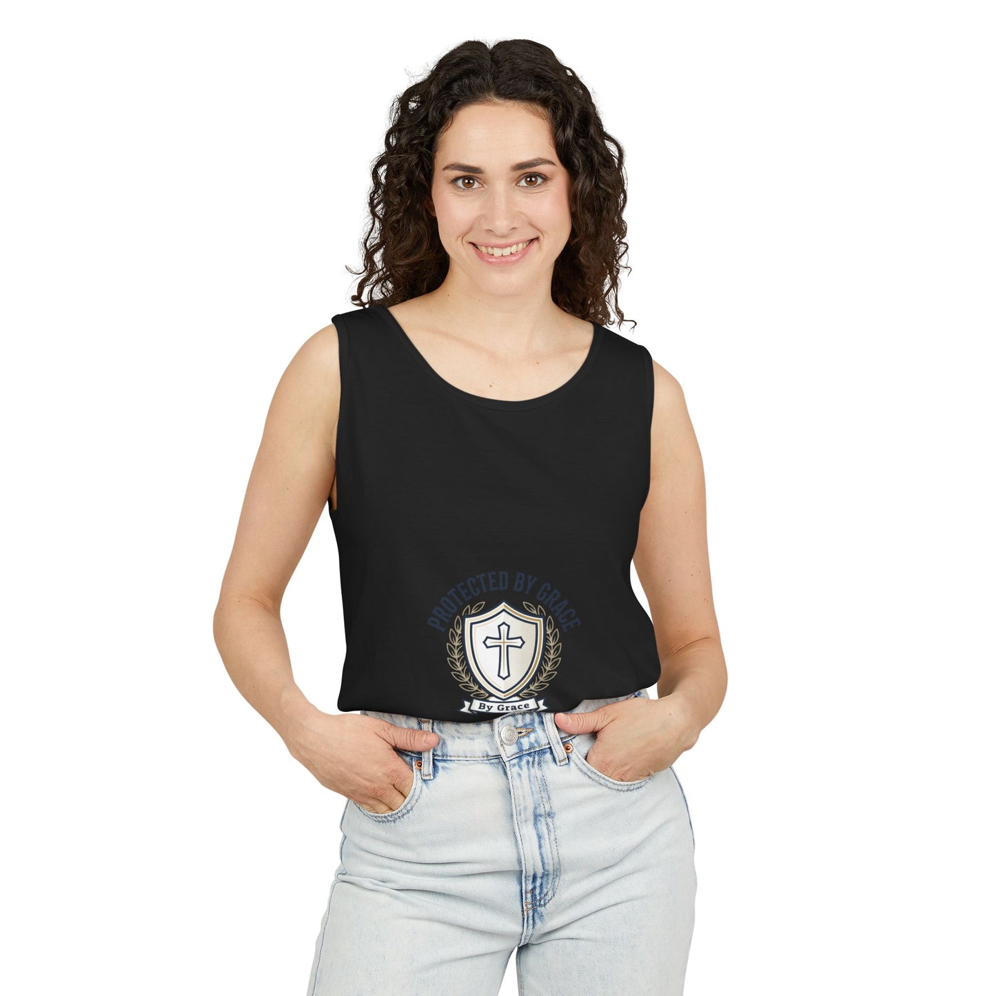 Protected by Grace Cross Tank Top — Christian Faith Graphic
