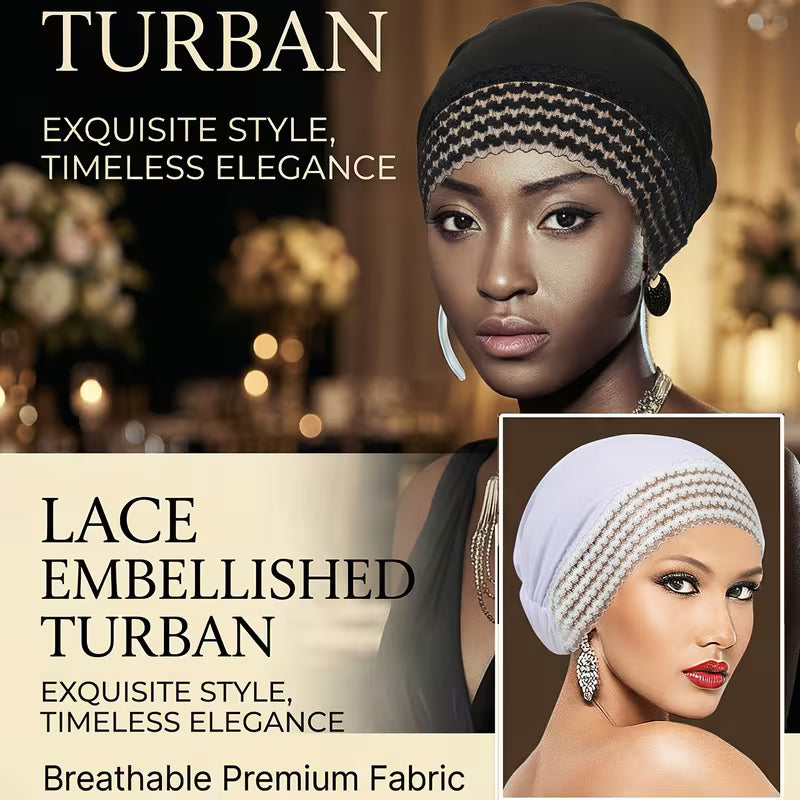 LaceLuxe™ Solid Color Turban | Fashionable Lace Trim Everyday Cap for Women