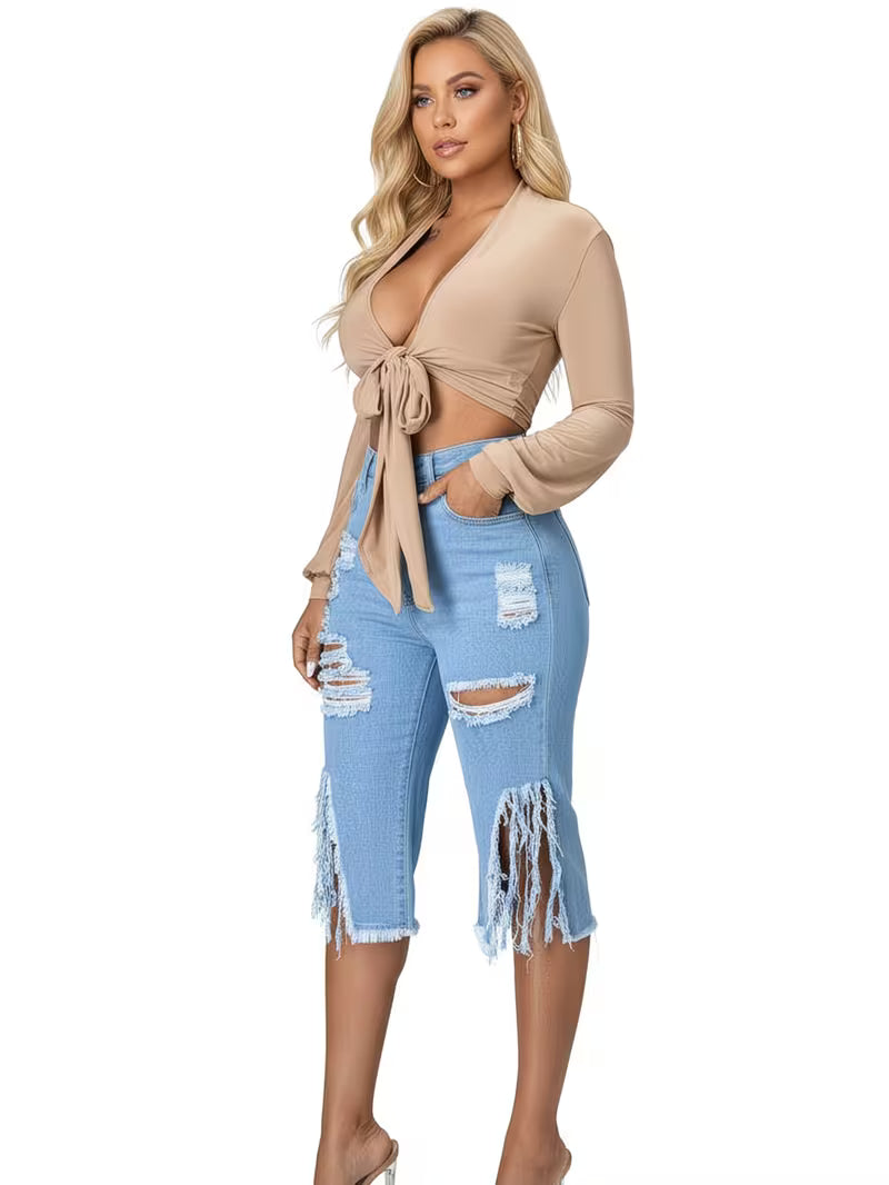 Women's High Waist Ripped Denim Capri Pants | Distressed Fringe Side Slit Cropped Jeans