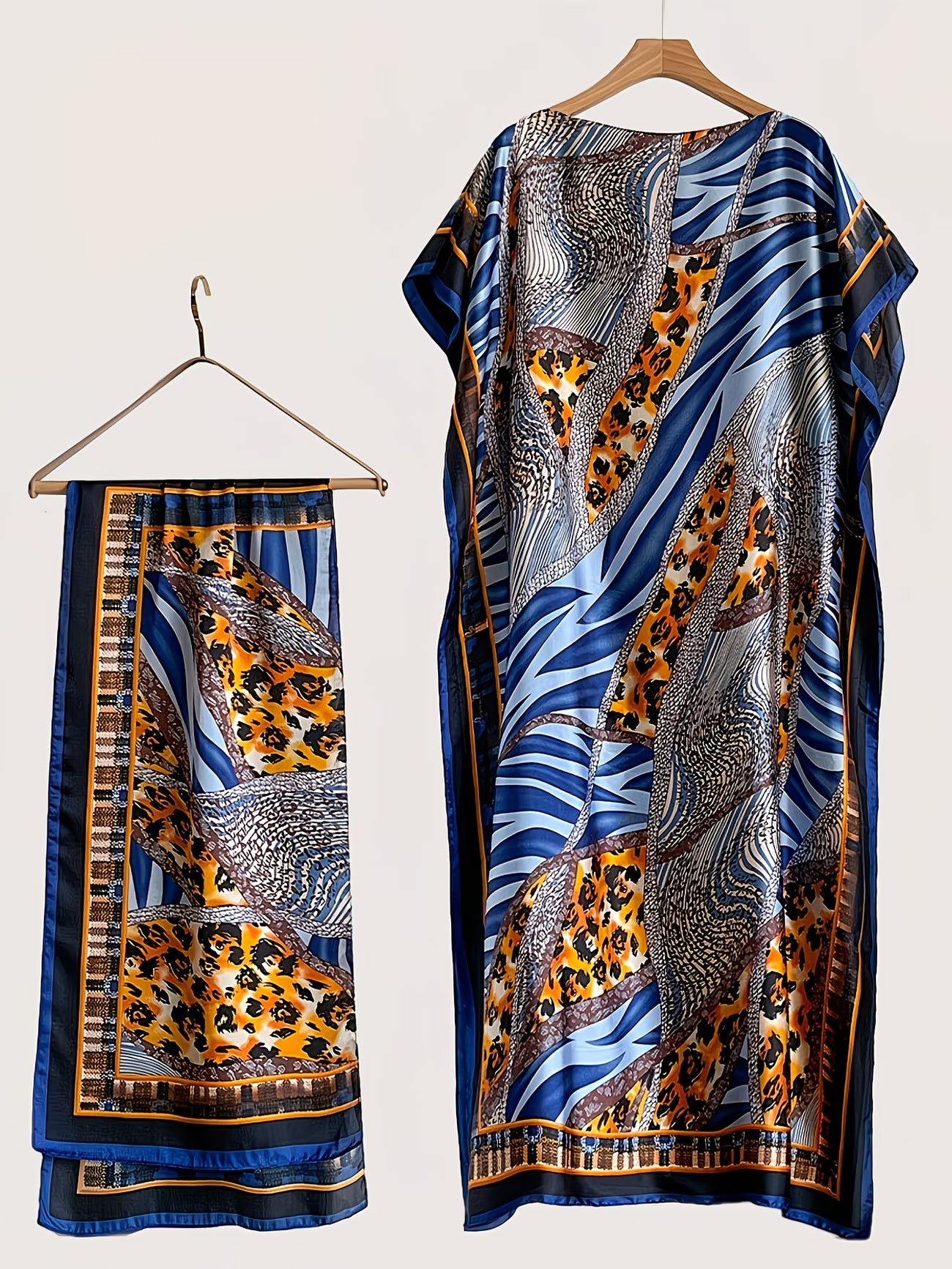 Elegant Plus Size Kaftan Abaya Set with Scarf | Artistic Print Modest Dress for Everyday Modern Style