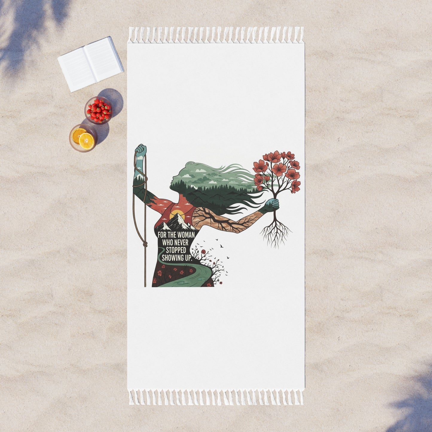 Boho Beach Towel — "For the Woman Who Never Stopped Showing Up" Floral Surfer Design