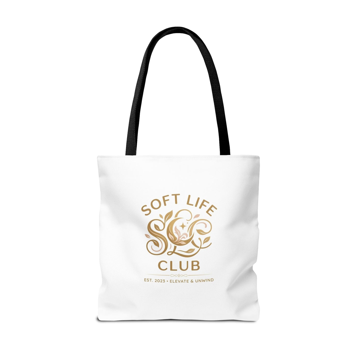 Soft Life Club Tote Bag — Chic Gold Logo AOP Tote for Everyday Carry