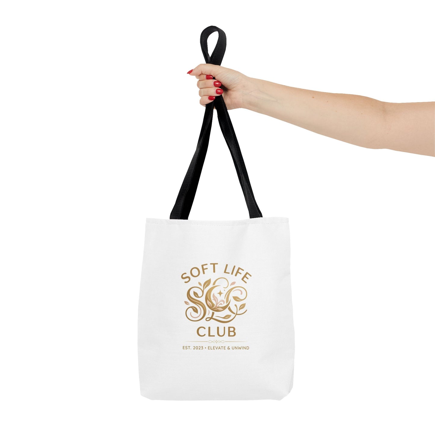 Soft Life Club Tote Bag — Chic Gold Logo AOP Tote for Everyday Carry