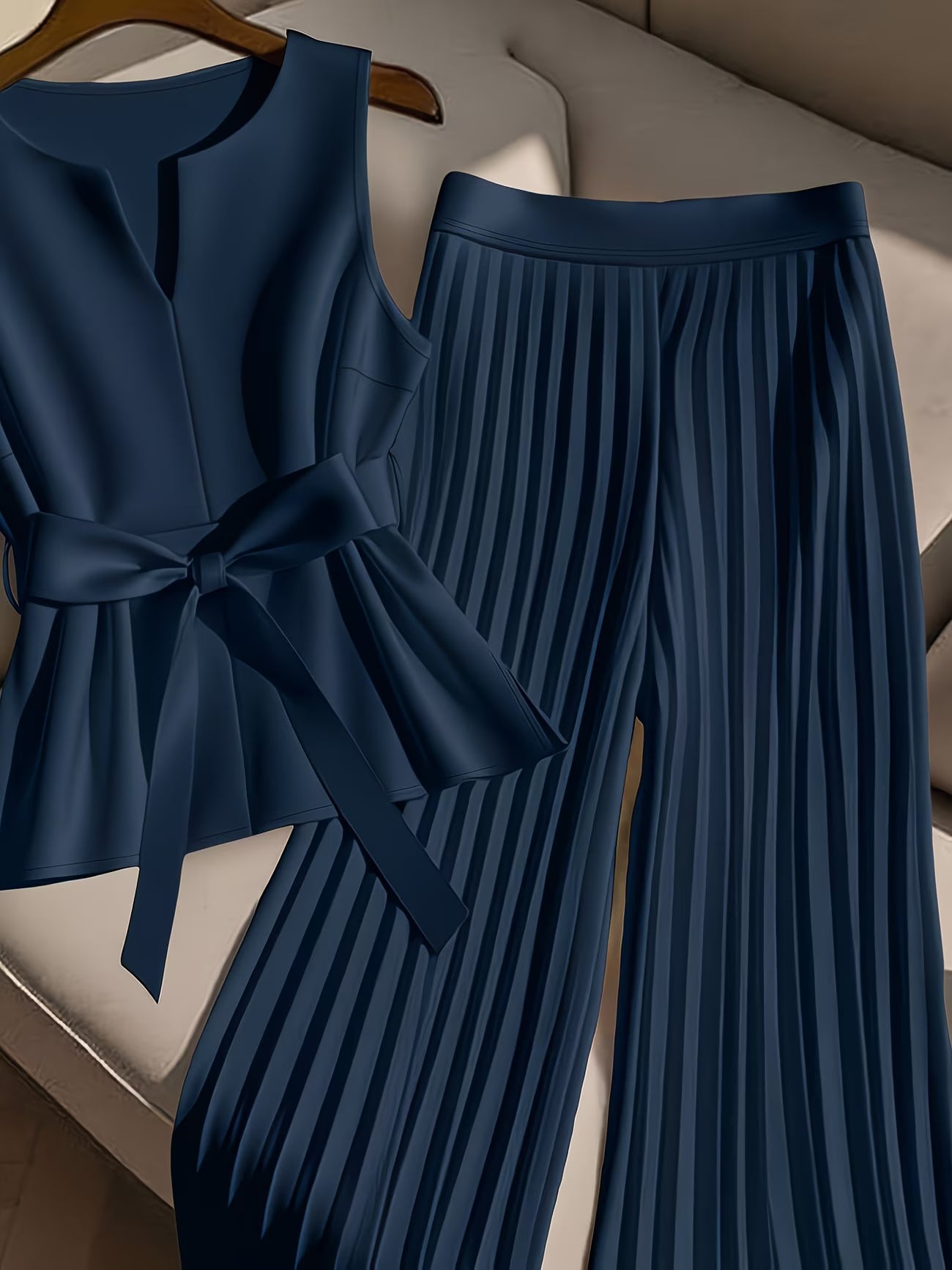 CurveElegance™ Plus Size 2-Piece Pant Set | Sleeveless Bow Top & High-Waist Chiffon Wide-Leg Pants for Women