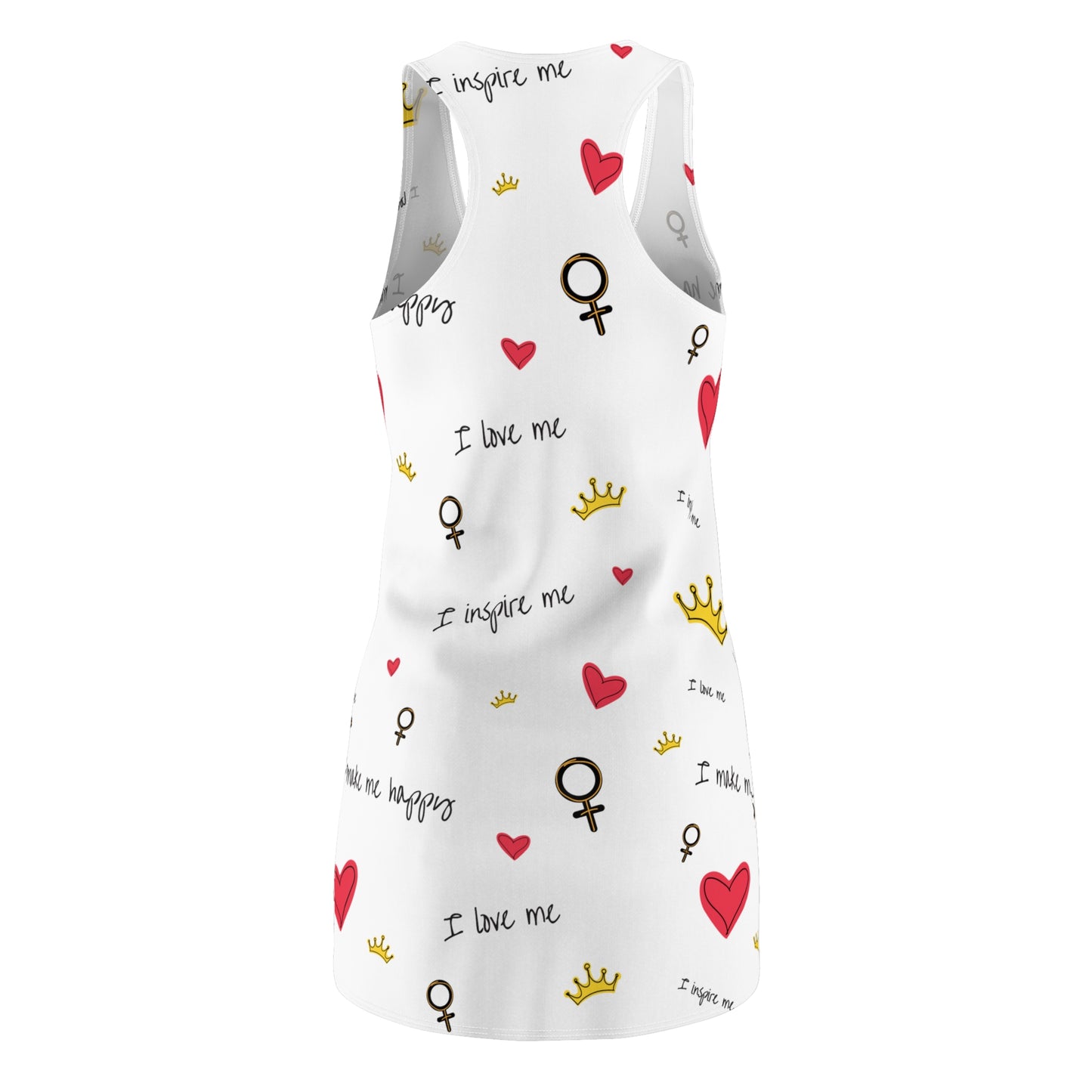Self-Love Racerback Dress — "I love me" Feminist Heart & Crown All-Over Print