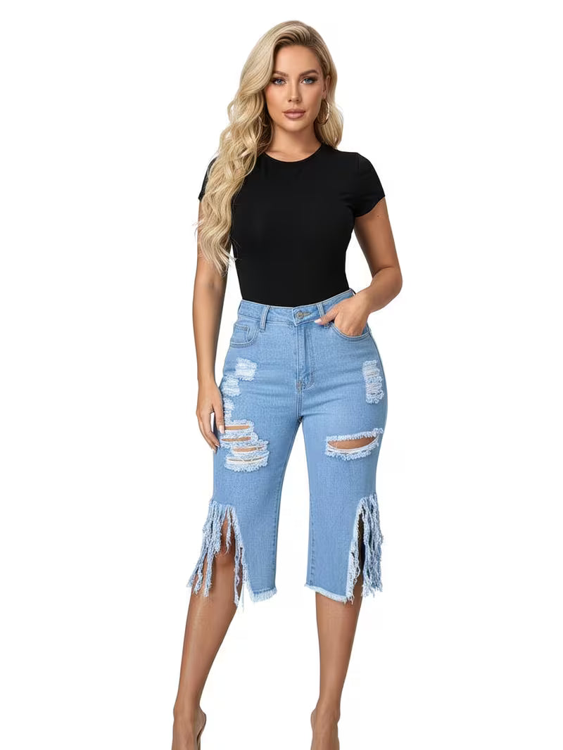 Women's High Waist Ripped Denim Capri Pants | Distressed Fringe Side Slit Cropped Jeans