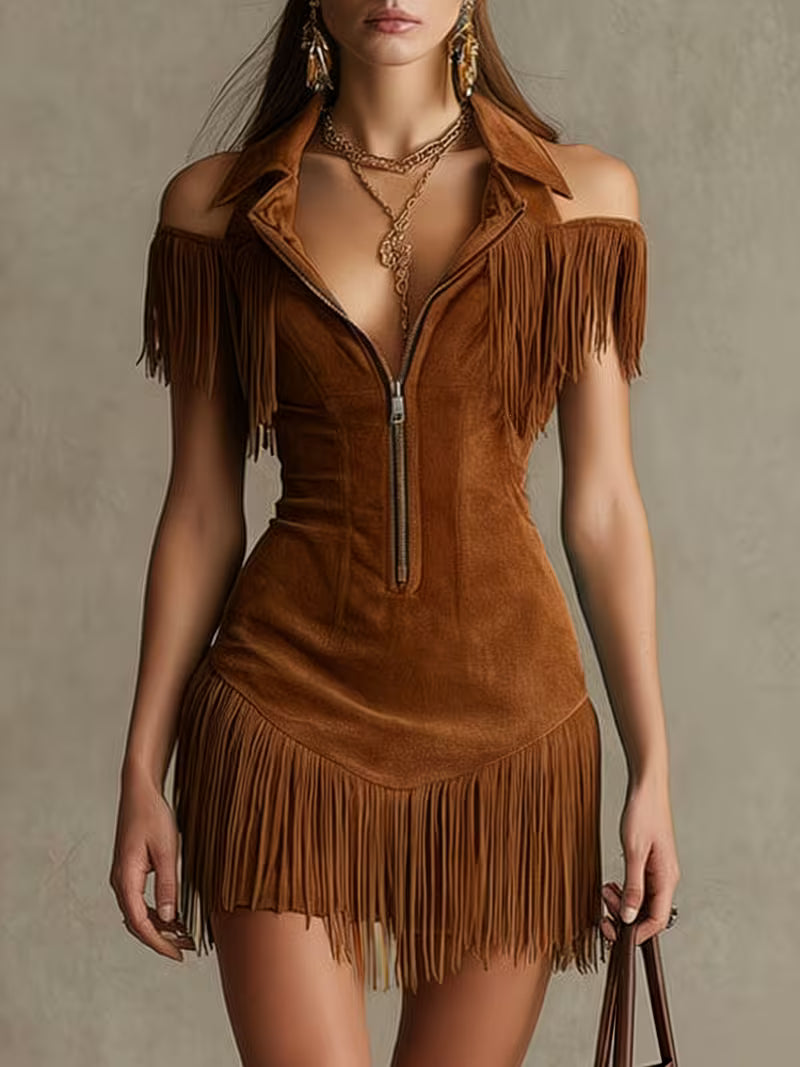 Women's Vintage Western Fringe Mini Dress | Off Shoulder Y2K Slim Waist Cowgirl Dress