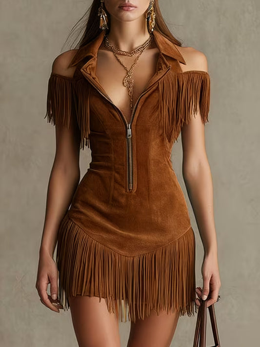 Women's Vintage Western Fringe Mini Dress | Off Shoulder Y2K Slim Waist Cowgirl Dress
