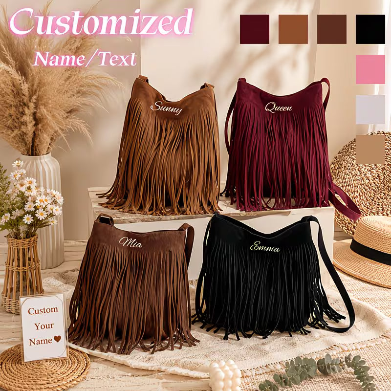 Women's Personalized Bohemian Fringe Crossbody Bag | Custom Initial Tassel Shoulder Purse