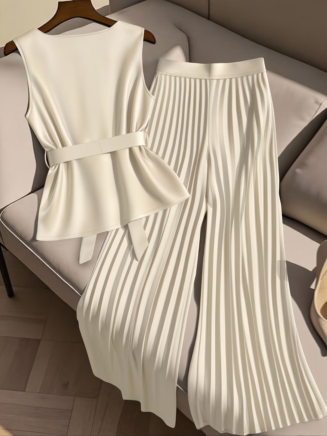 CurveElegance™ Plus Size 2-Piece Pant Set | Sleeveless Bow Top & High-Waist Chiffon Wide-Leg Pants for Women