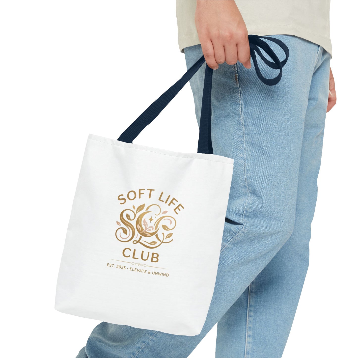 Soft Life Club Tote Bag — Chic Gold Logo AOP Tote for Everyday Carry