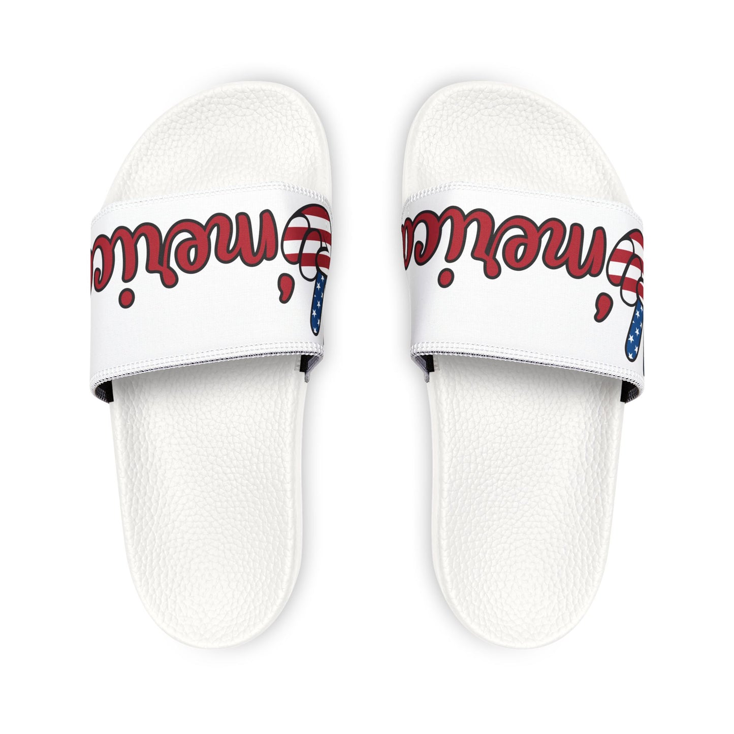 Men's Slide Sandals — White Patriotic Script Pool Slides