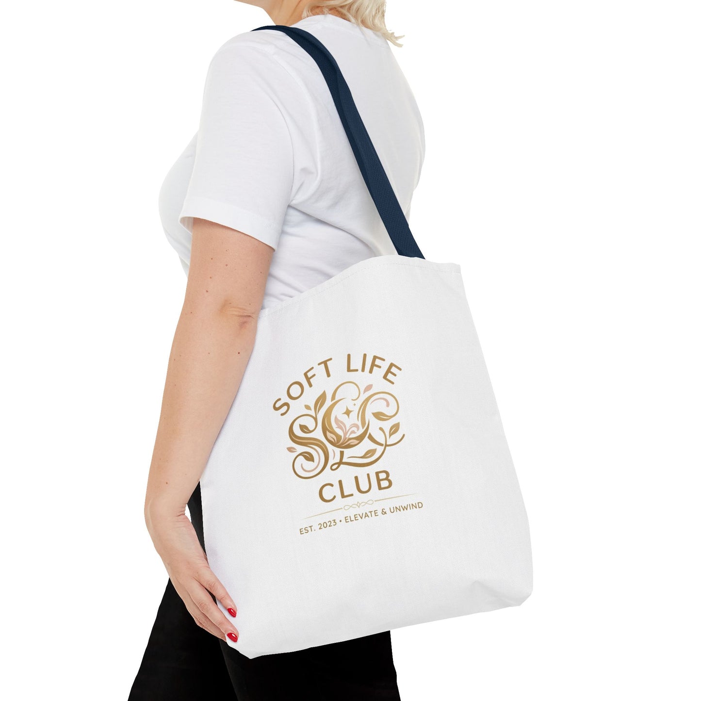 Soft Life Club Tote Bag — Chic Gold Logo AOP Tote for Everyday Carry