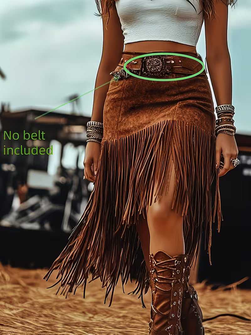 Women's Bohemian Western Fringe Skirt | High Waist Tassel Cowgirl Midi Skirt (Belt Not Included)