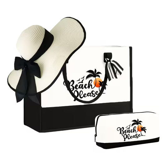 Women's 3-Piece Tropical Beach Bag Set | Coconut Tree Tote Bag, Sun Hat & Cosmetic Pouch