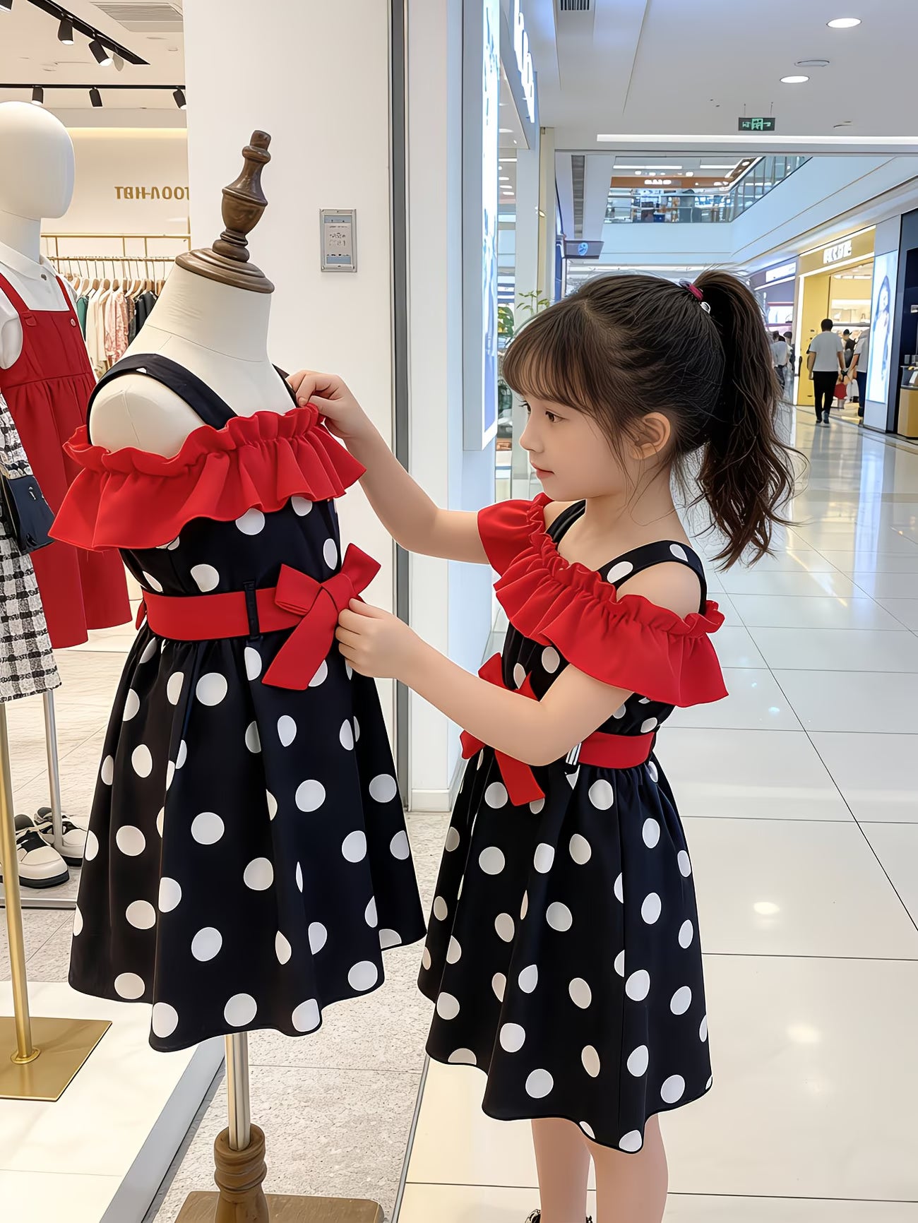 VintageCharm™ Girls Polka Dot Off-Shoulder Dress | Ruffle Suspender Dress with Belt