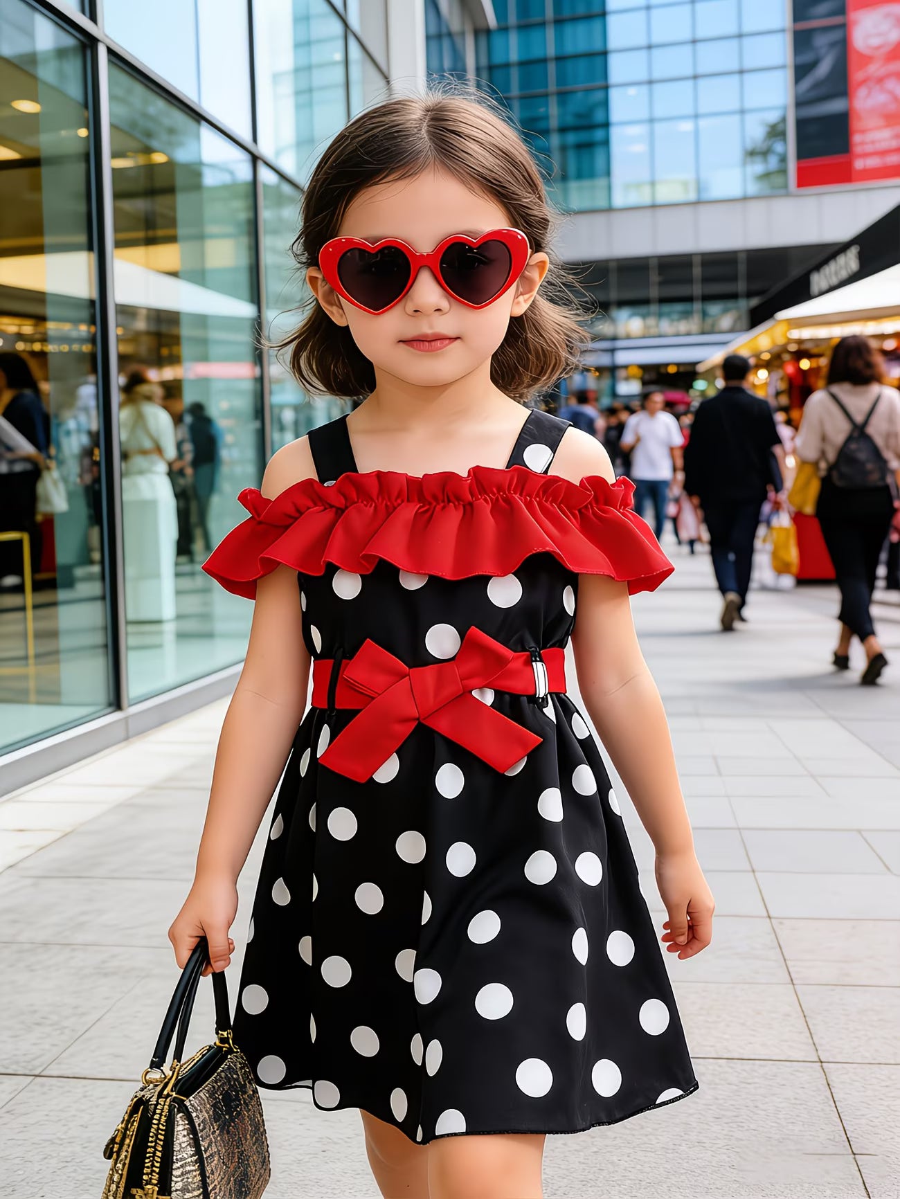 VintageCharm™ Girls Polka Dot Off-Shoulder Dress | Ruffle Suspender Dress with Belt