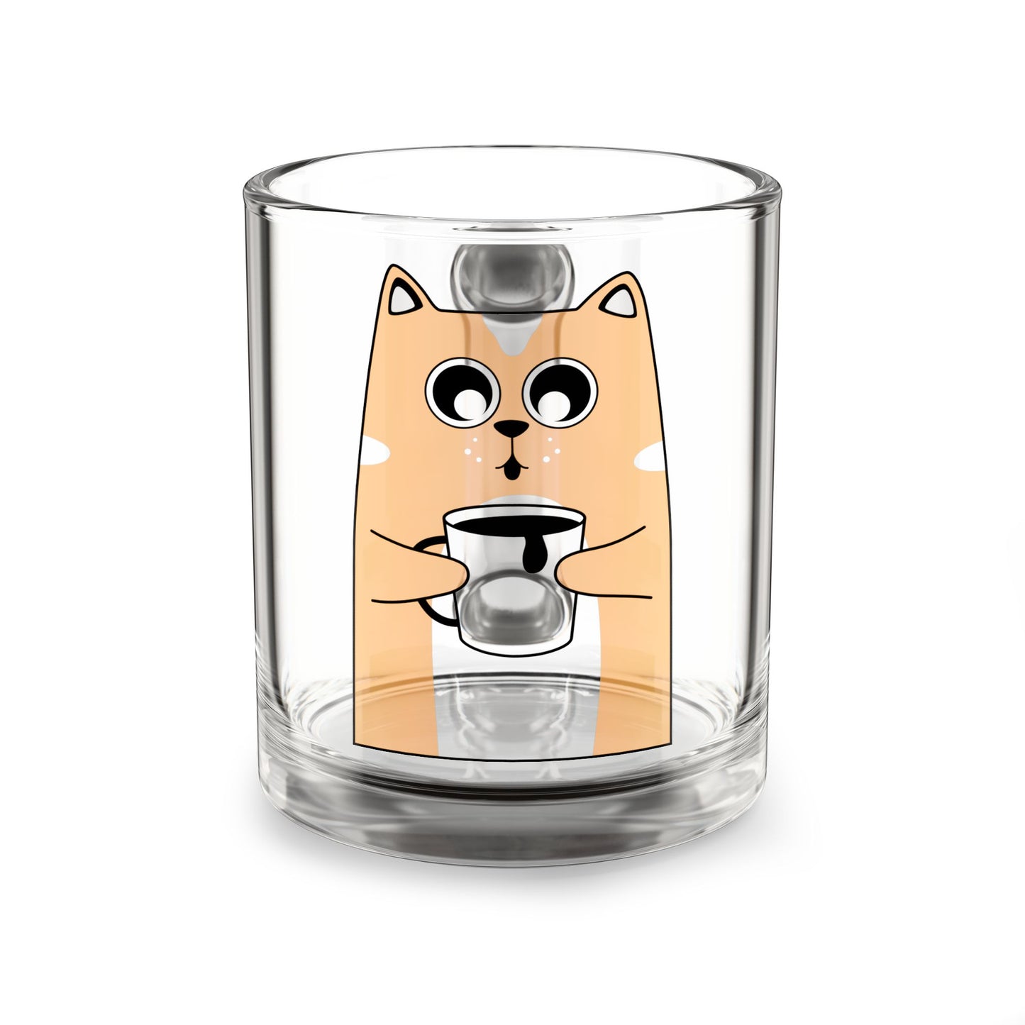 10oz Glass Mug — Cute Cat Drinking Coffee Cartoon