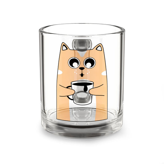 10oz Glass Mug — Cute Cat Drinking Coffee Cartoon