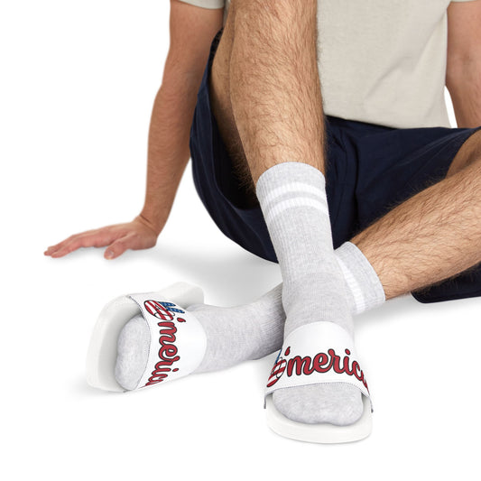 Men's Slide Sandals — White Patriotic Script Pool Slides