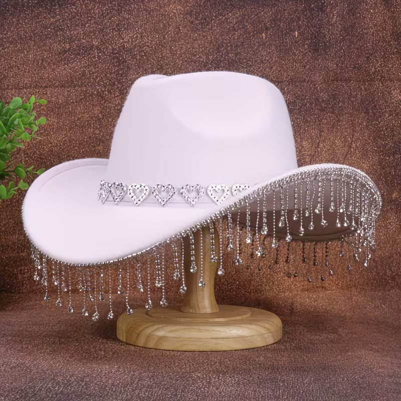 Women's Rhinestone Denim Cowboy Hat | Sparkling Tassel Western Hat with Water Drop Crystal Design