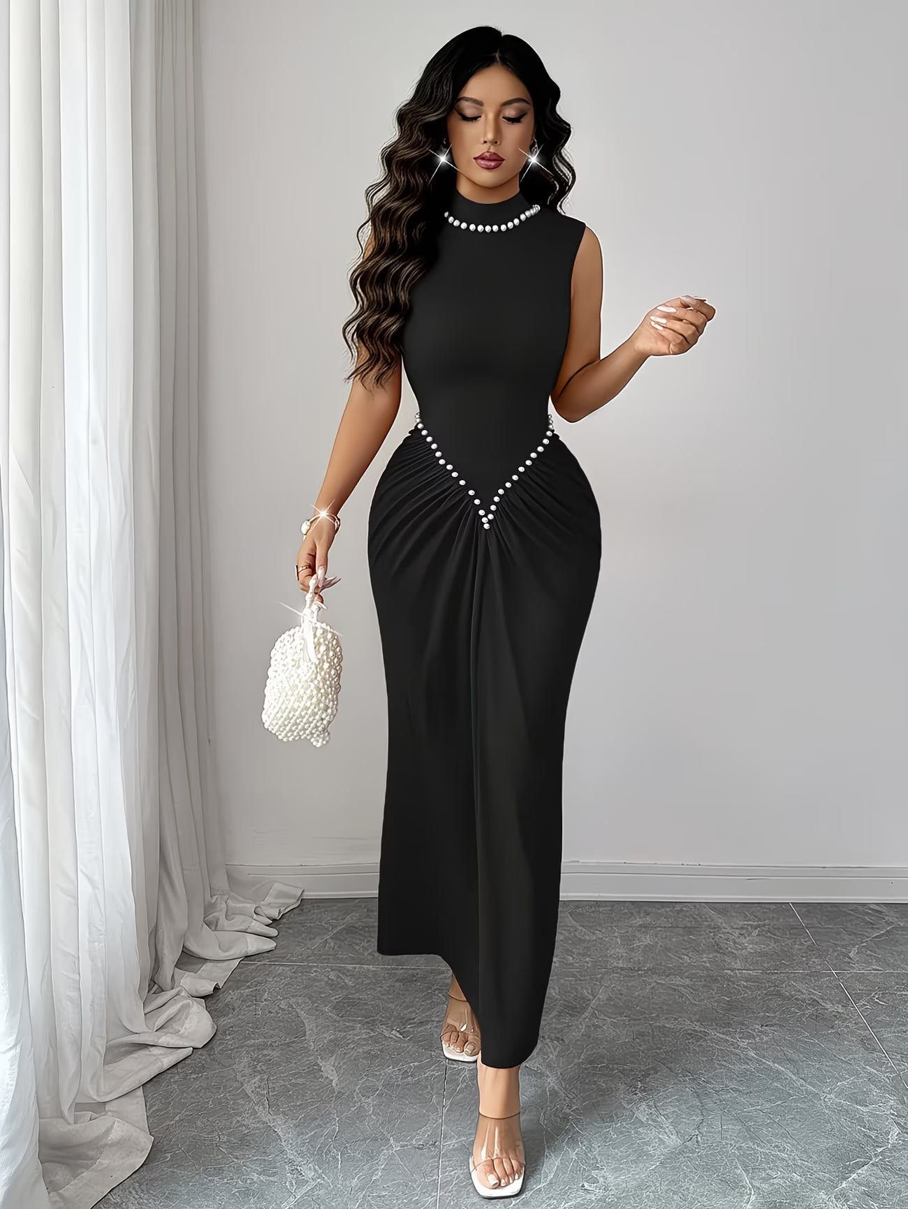PearlGrace™ Sleeveless Pleated Fishtail Maxi Dress | Elegant High-Neck Evening Dress for Women